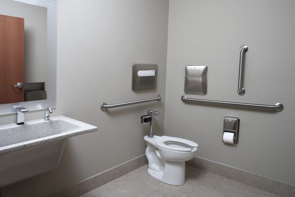 Toilet, handicap rail, toilet paper dispenser, and sink with mirror