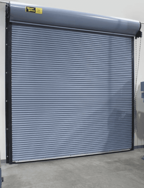 Grey Metal Commercial rolling door for business after installation.