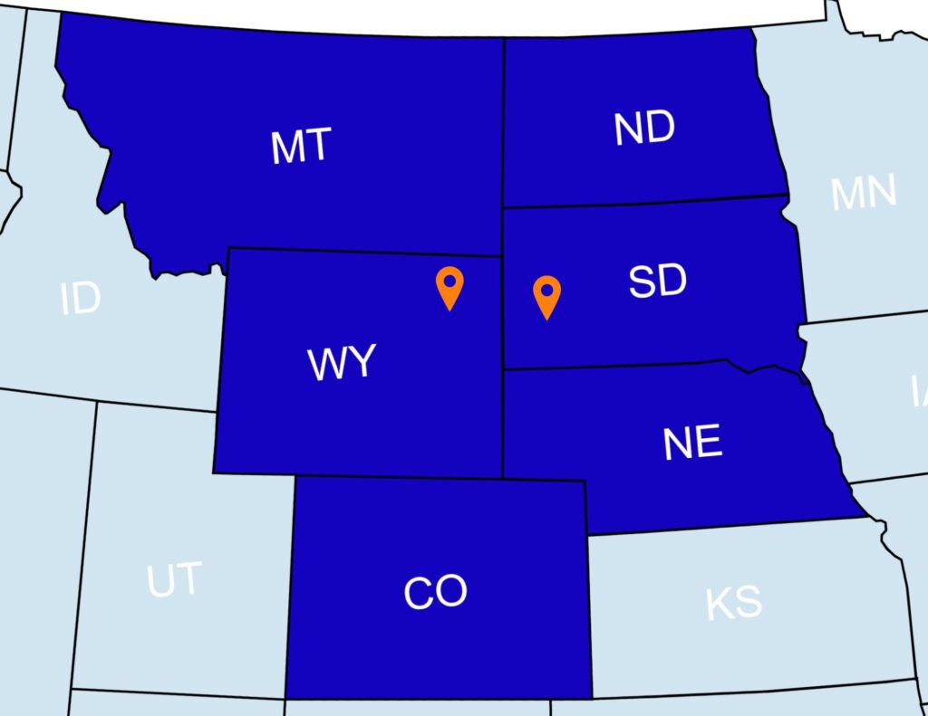 Image of Architectural Specialties' service area map including South Dakota, Wyoming, Nebraska, North Dakota, Montana and Colorado states.