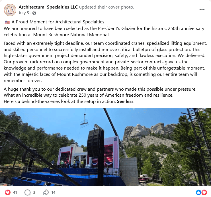 President's Glazier at Mount Rushmore National Memorial installed by Architectural Specialties Facebook Post